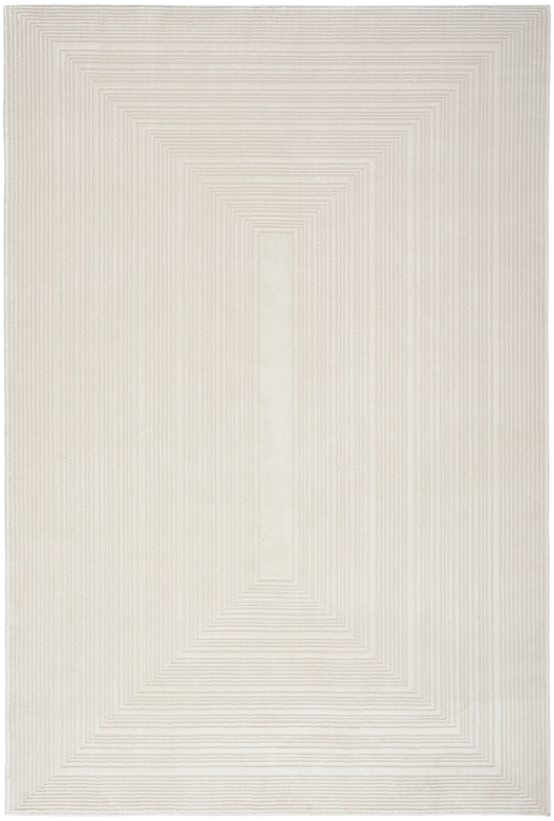 Cream-beige woven area rug with nested rectangular concentric lines for a modern geometric look.