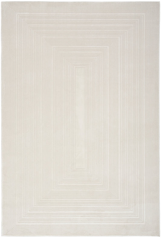 Cream-beige woven area rug with nested rectangular concentric lines for a modern geometric look.