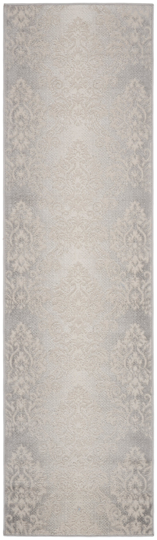 Beige runner rug with a subtle damask pattern in soft grey, decorative floor covering.