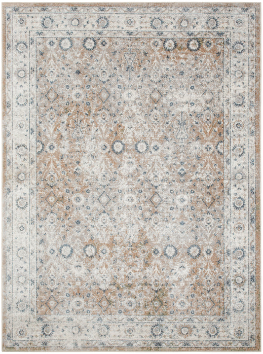 Distressed vintage rug with cream, beige and blue tones, floral and geometric medallion pattern, bordered edges.