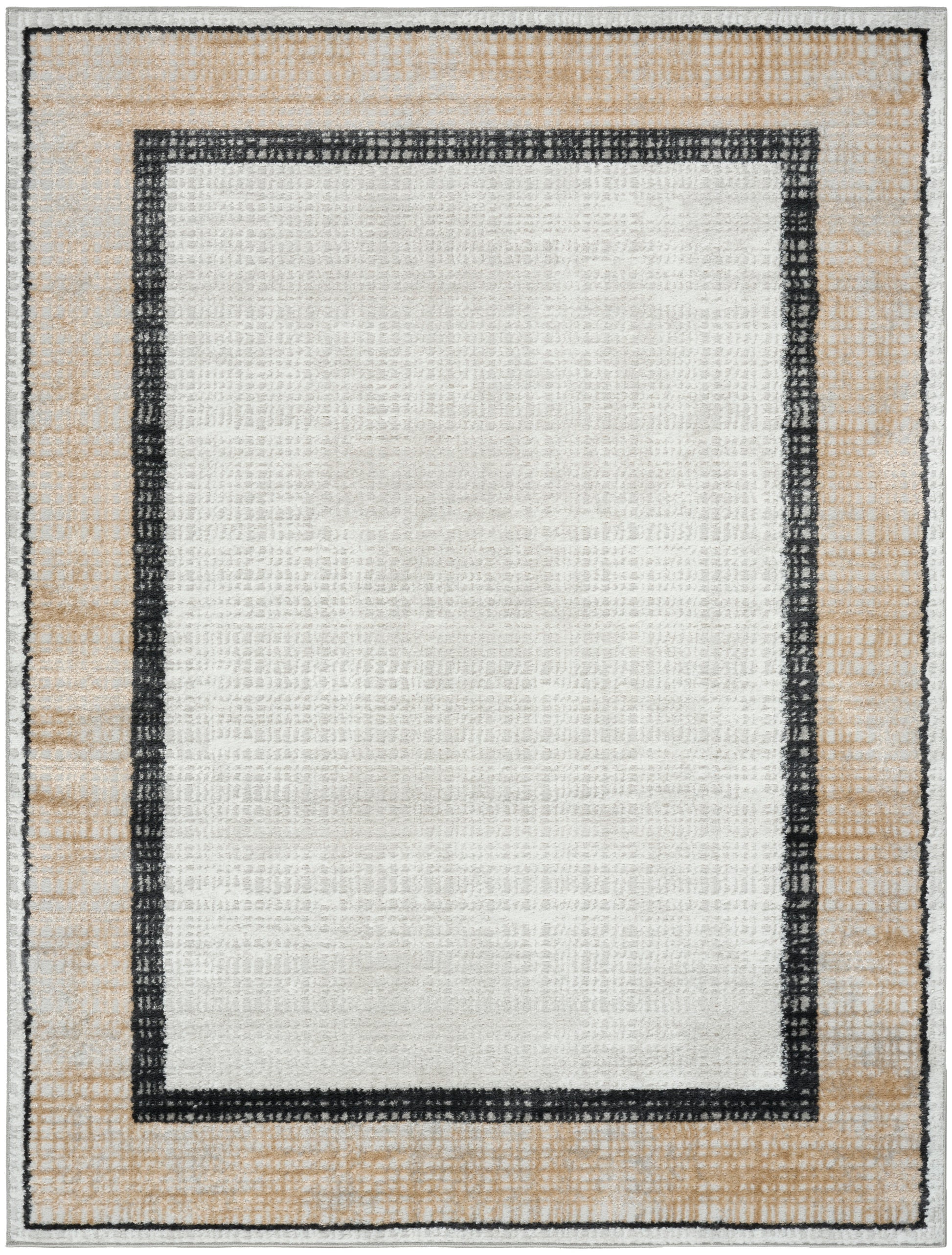 Rectangular area rug with light cream center, beige outer border, black inner border; woven, modern framed style.
