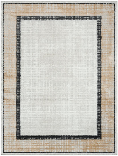 Rectangular area rug with light cream center, beige outer border, black inner border; woven, modern framed style.