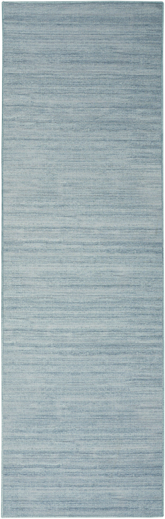 Blue gradient runner rug with subtle horizontal stripe weave and soft texture for hallways or living spaces.