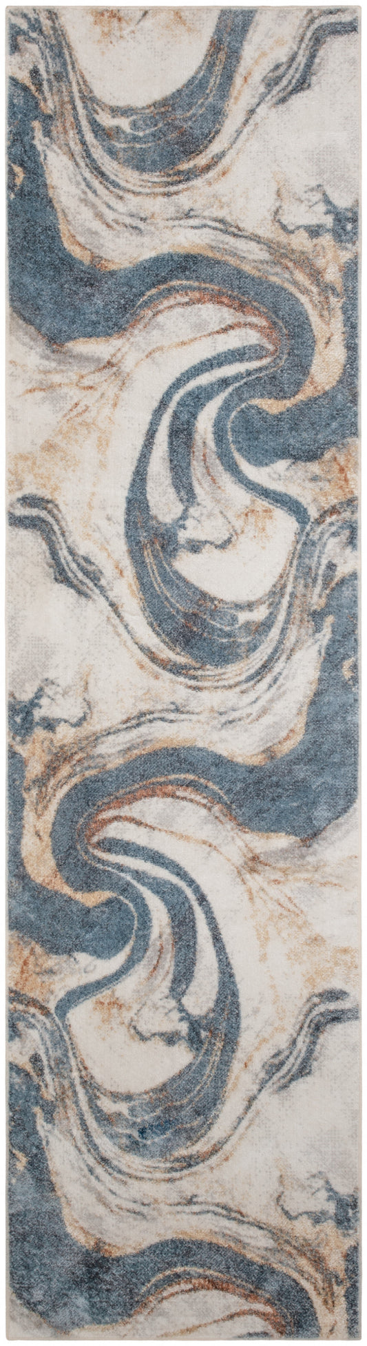 Narrow marbled pattern in blue & tan swirls, resembling marble; suitable for wallpaper or fabric.