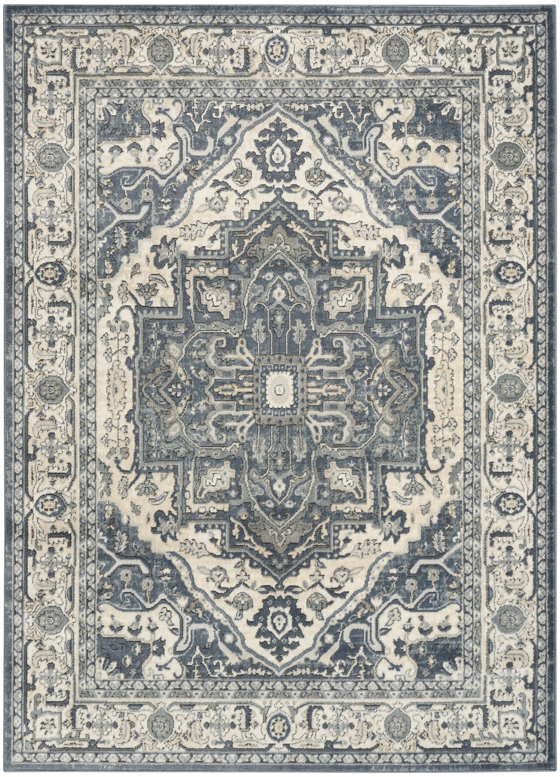 Blue and ivory Persian-style area rug with a detailed central medallion, floral motifs and an ornate border.