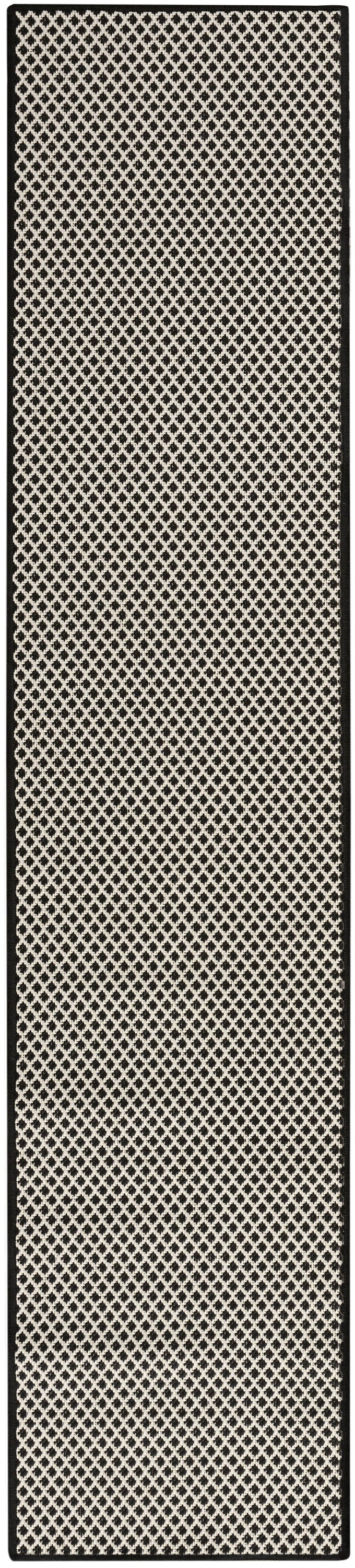 Black-bordered cream lattice runner rug with a repeating diamond pattern.