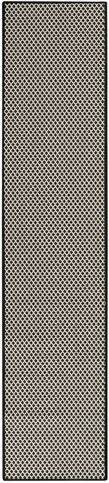 Black-bordered cream lattice runner rug with a repeating diamond pattern.