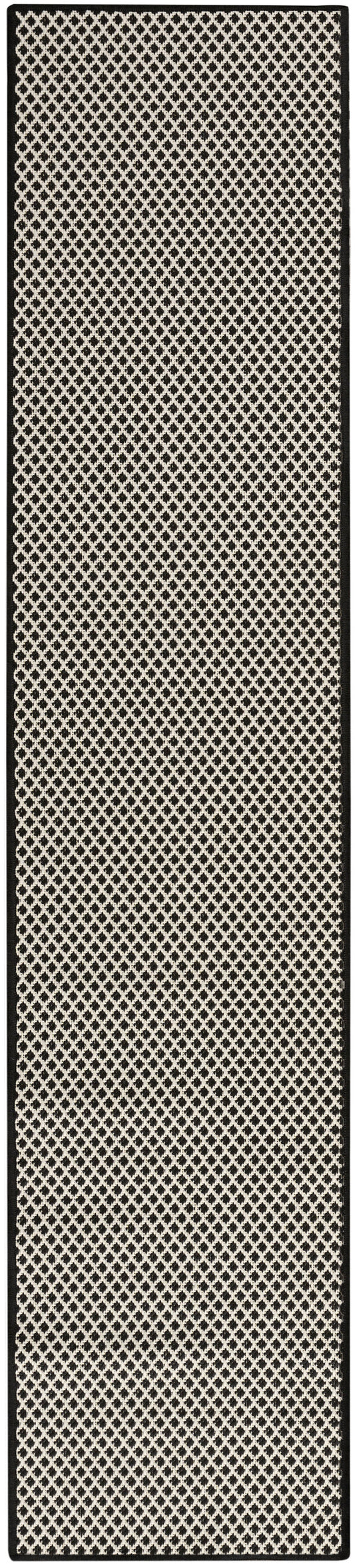 Black-bordered cream lattice runner rug with a repeating diamond pattern.