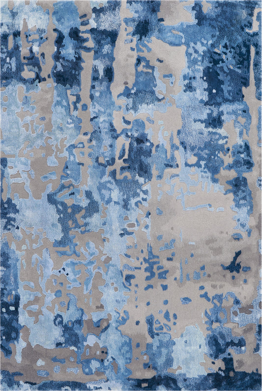 Rectangular abstract rug with blue-gray and beige tones; watercolor-blotch pattern for modern living spaces.