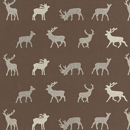 Brown fabric featuring cream deer silhouettes in a repeating pattern.