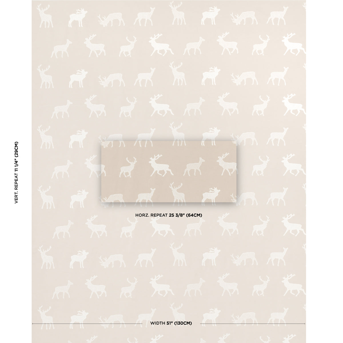 Beige wallpaper with white reindeer silhouettes in a repeating pattern; centered swatch and visible repeat dimensions.
