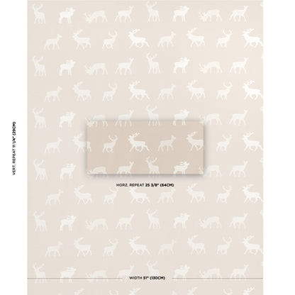 Beige wallpaper with white reindeer silhouettes in a repeating pattern; centered swatch and visible repeat dimensions.