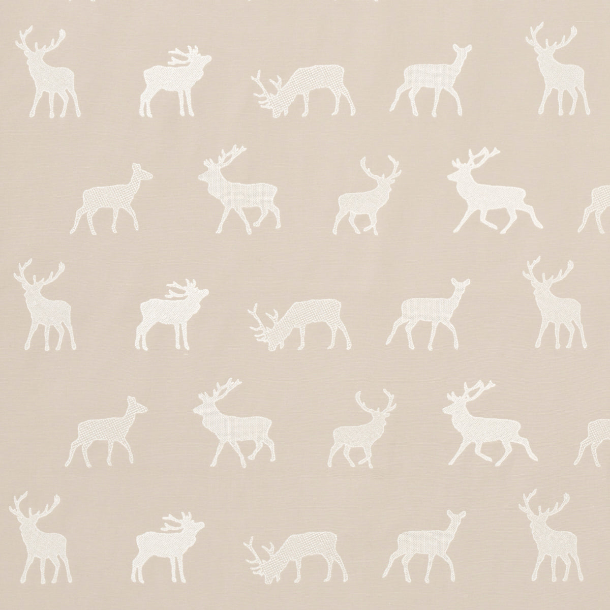 Beige background with white deer silhouettes in a repeating woodland pattern; soft neutral decorative fabric.