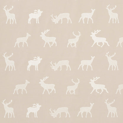 Beige background with white deer silhouettes in a repeating woodland pattern; soft neutral decorative fabric.