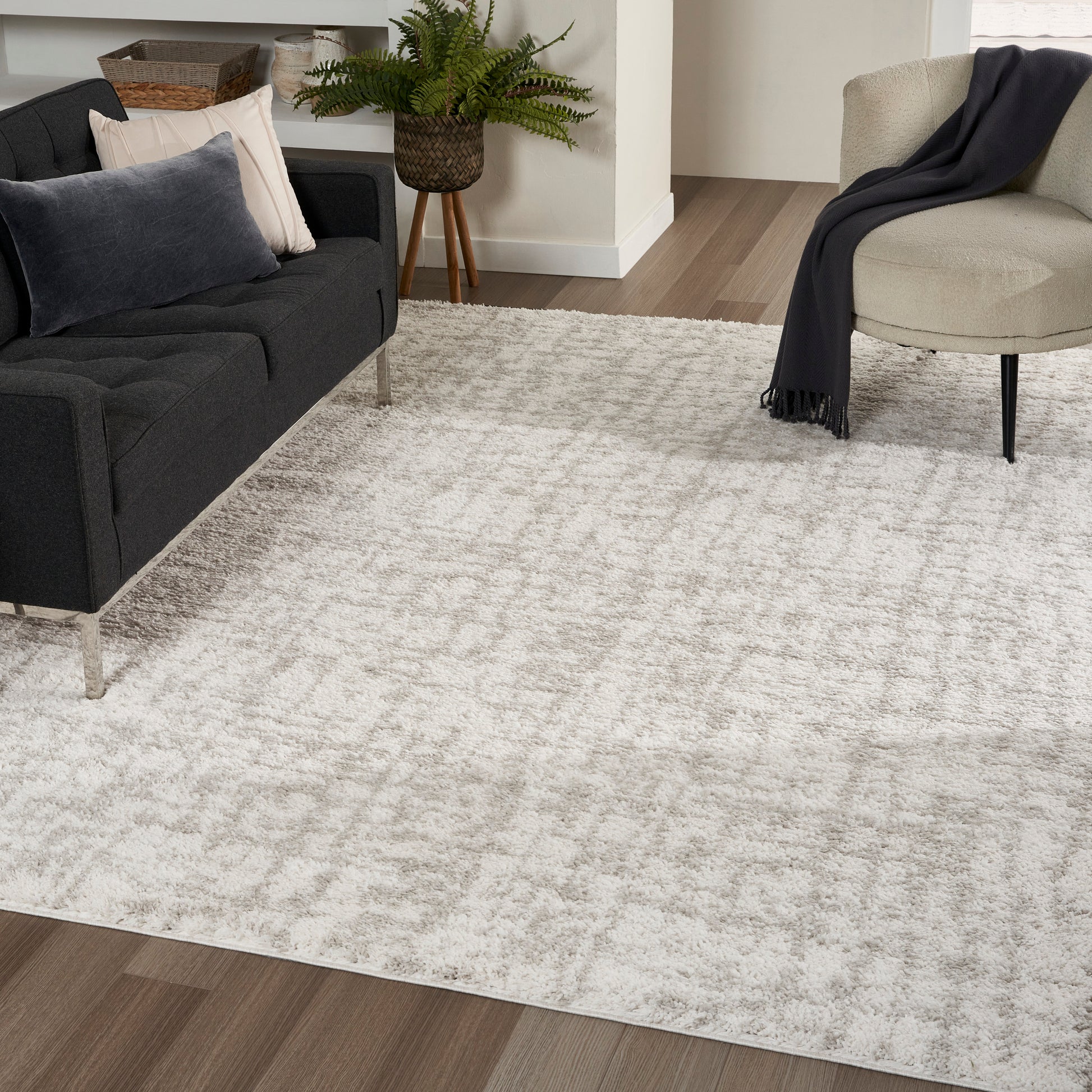 Beige textured rug on wood floor in modern living room with dark gray sofa, beige chair, and potted plant.