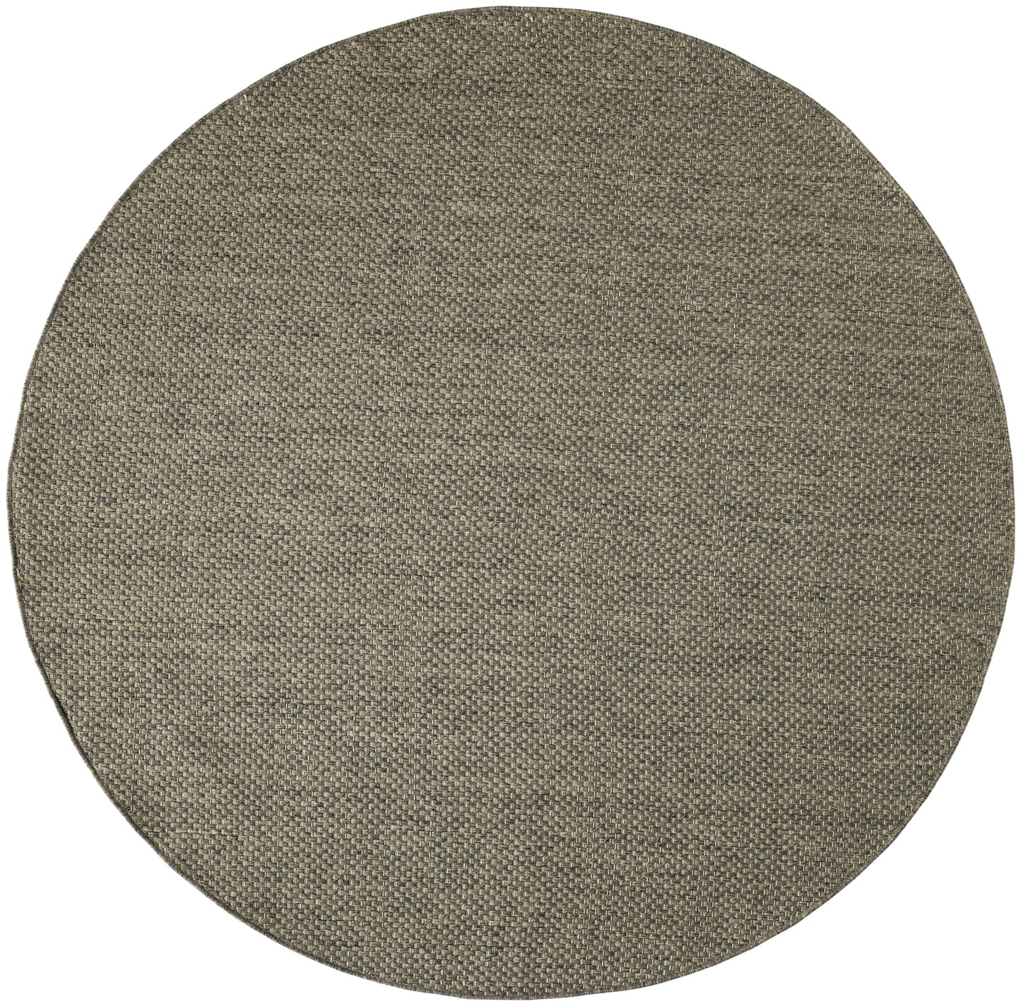 Round taupe woven rug with textured burlap-like weave; rustic circular floor accent.