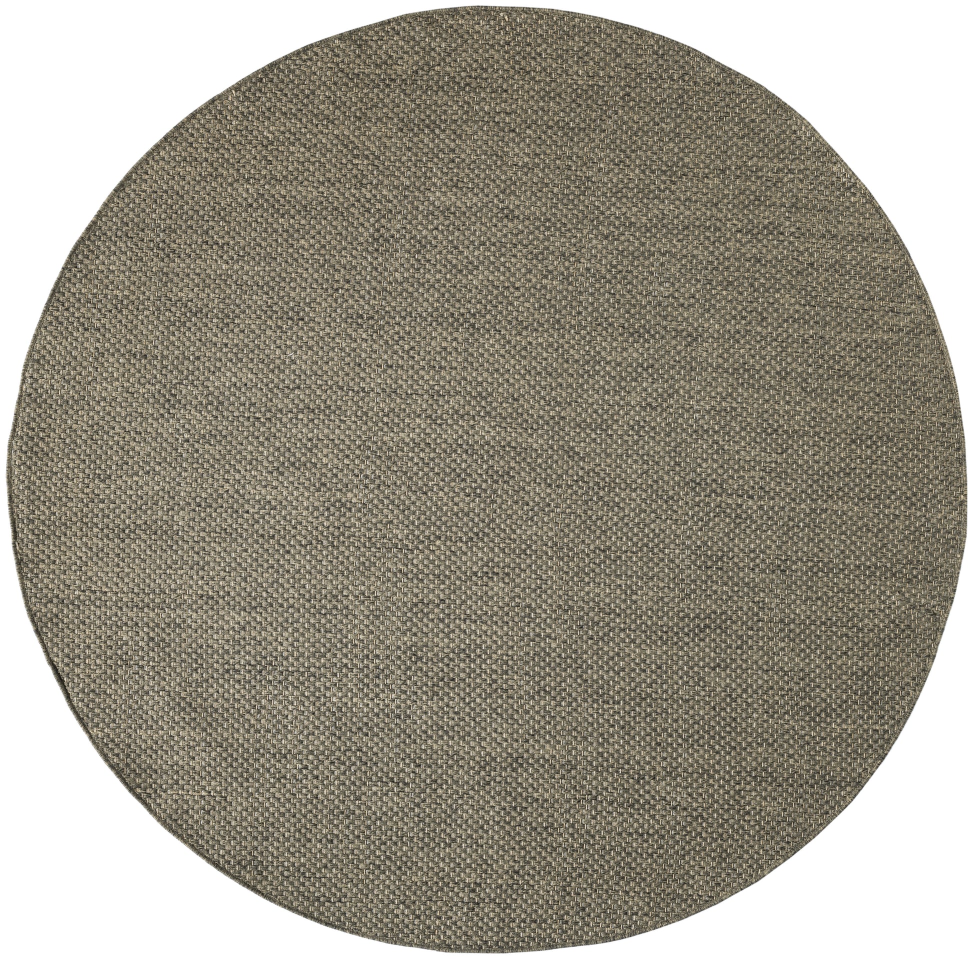Round taupe woven rug with textured burlap-like weave; rustic circular floor accent.