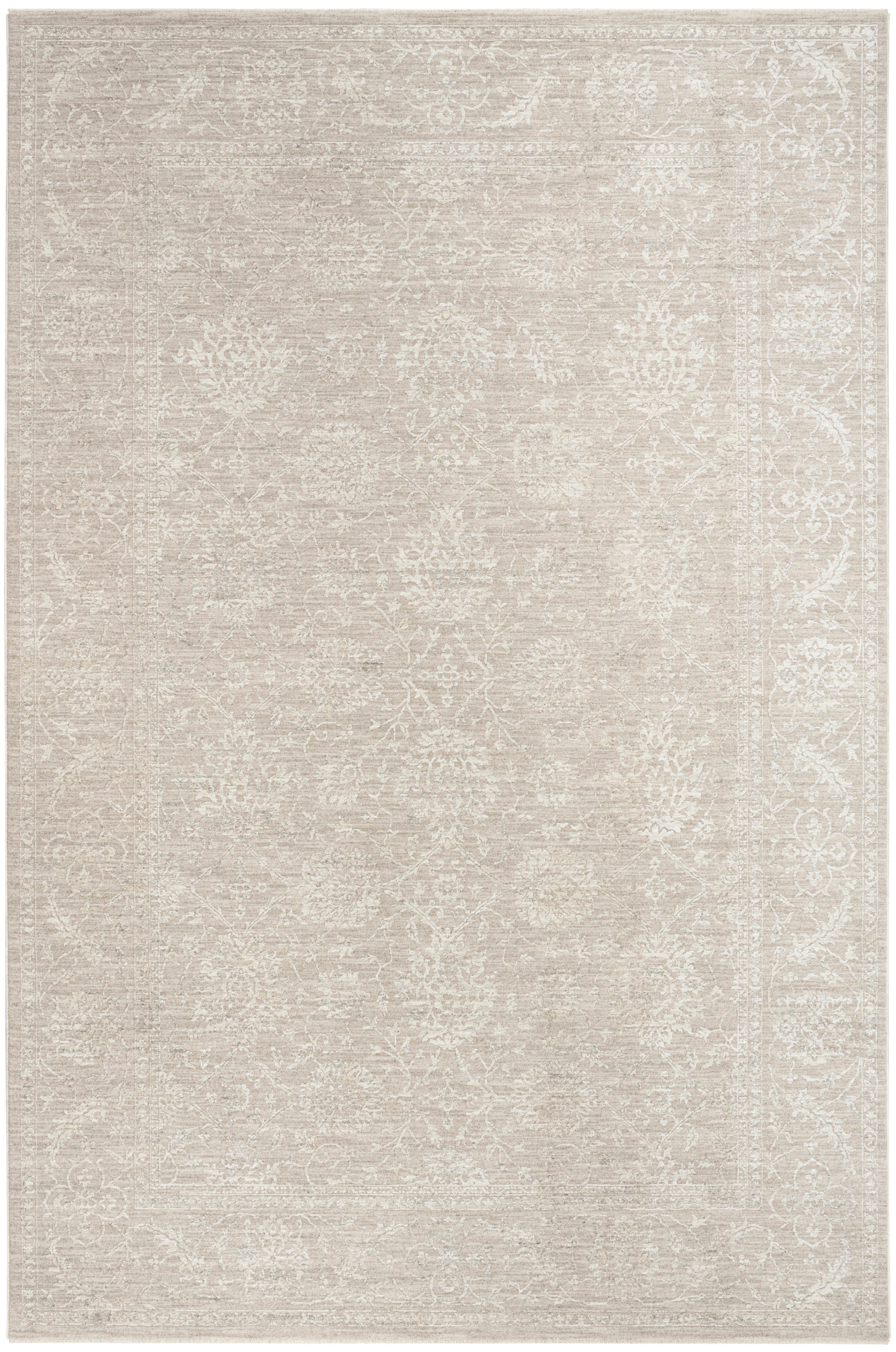 Beige distressed rug with cream floral medallion pattern and ornate border, rectangular, vintage style.