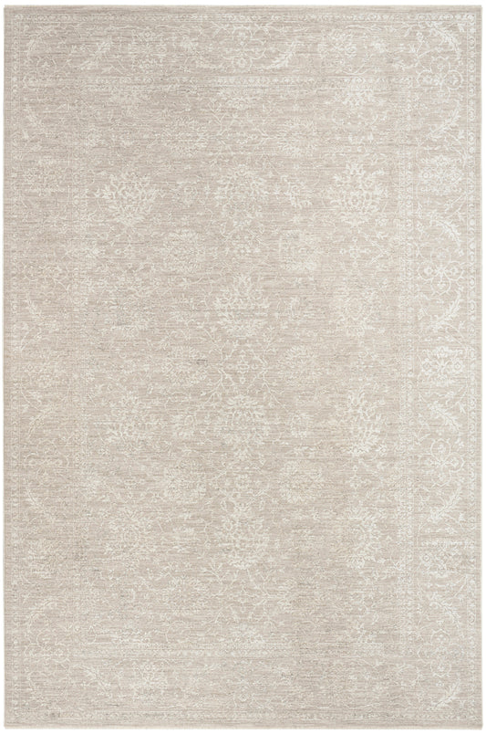 Beige distressed rug with cream floral medallion pattern and ornate border, rectangular, vintage style.