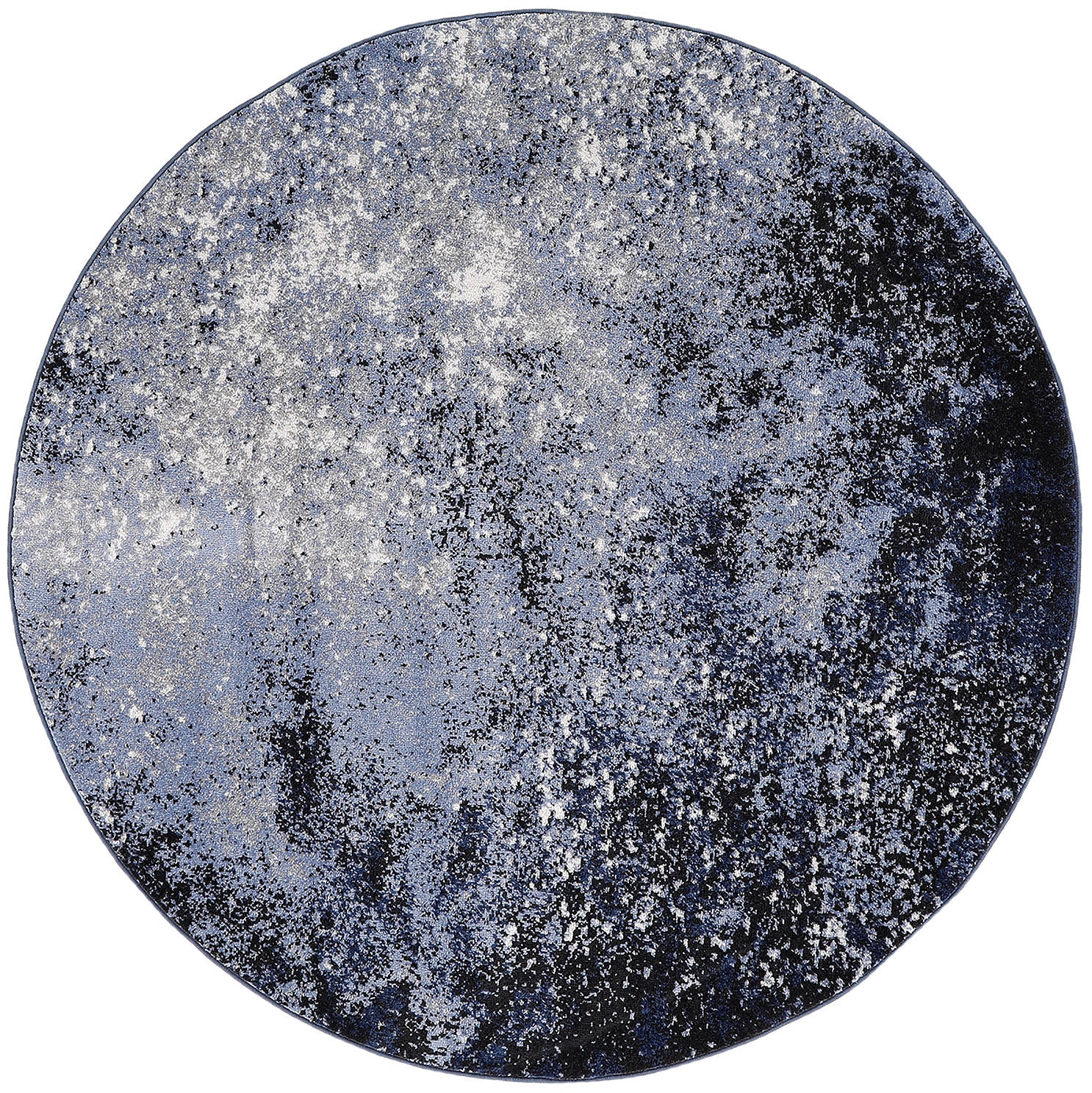 Round blue-gray rug with a speckled, galaxy-like pattern for decorative flooring.