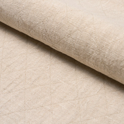 Beige linen-like fabric roll with subtle curved stitch pattern; soft, textured upholstery material.