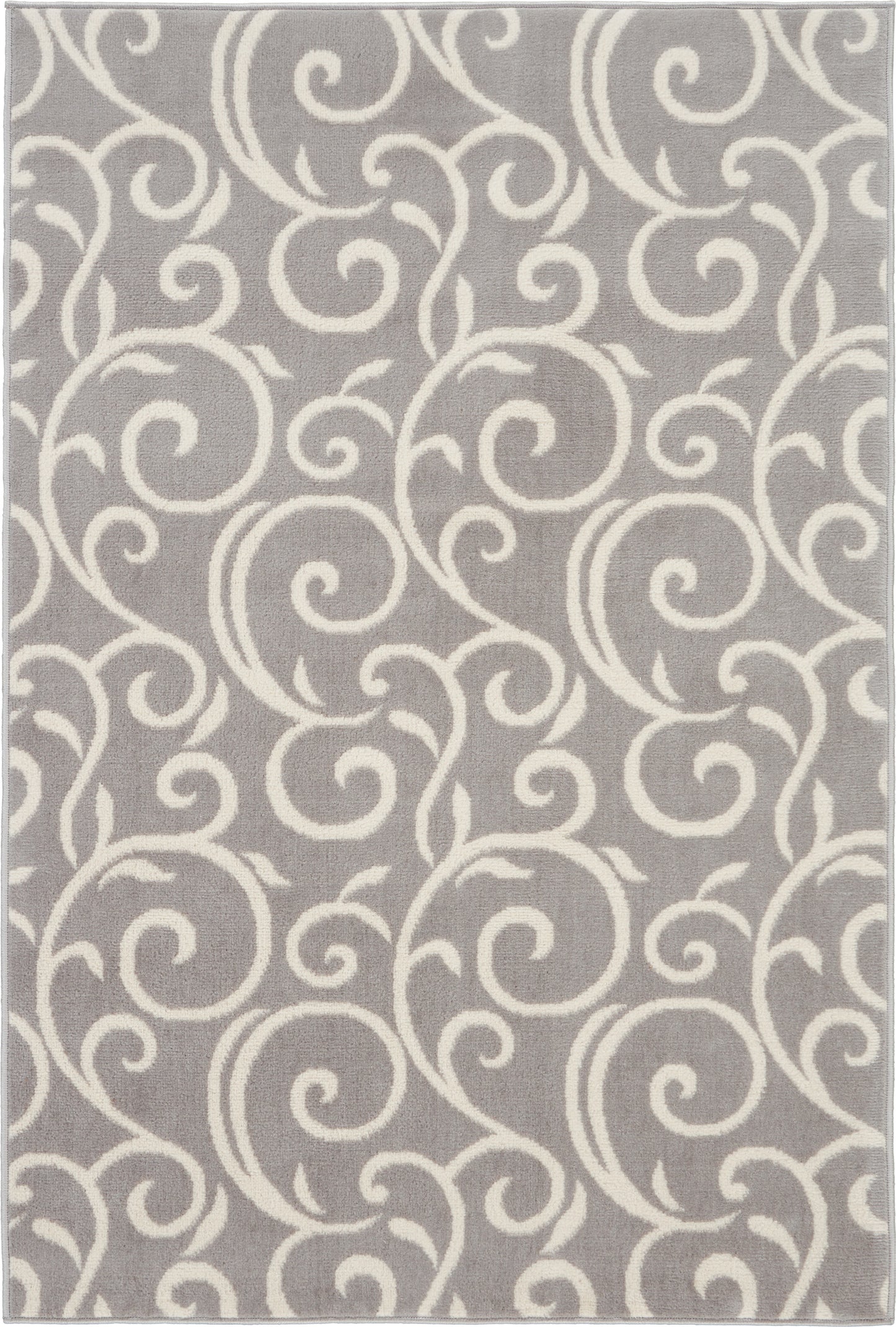 Gray rug with ivory scrolling swirls pattern; rectangular, plush texture.