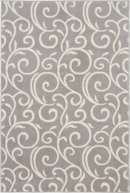 Gray rug with ivory scrolling swirls pattern; rectangular, plush texture.