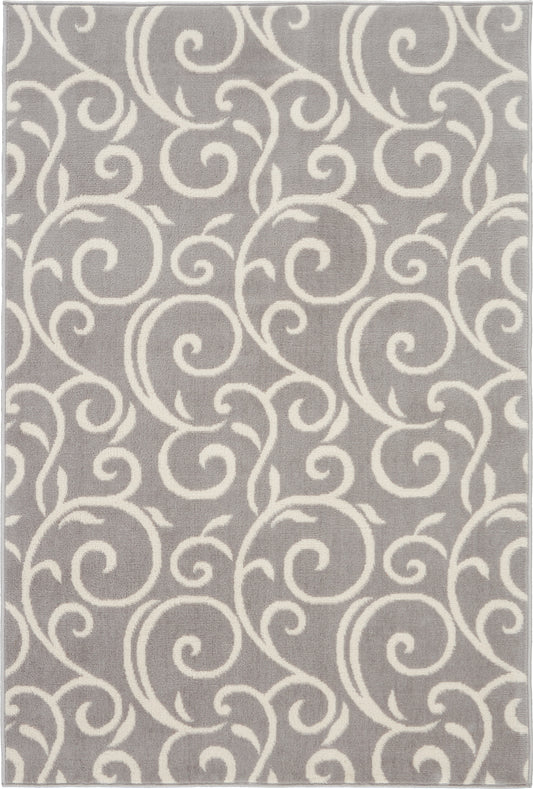 Gray rug with ivory scrolling swirls pattern; rectangular, plush texture.