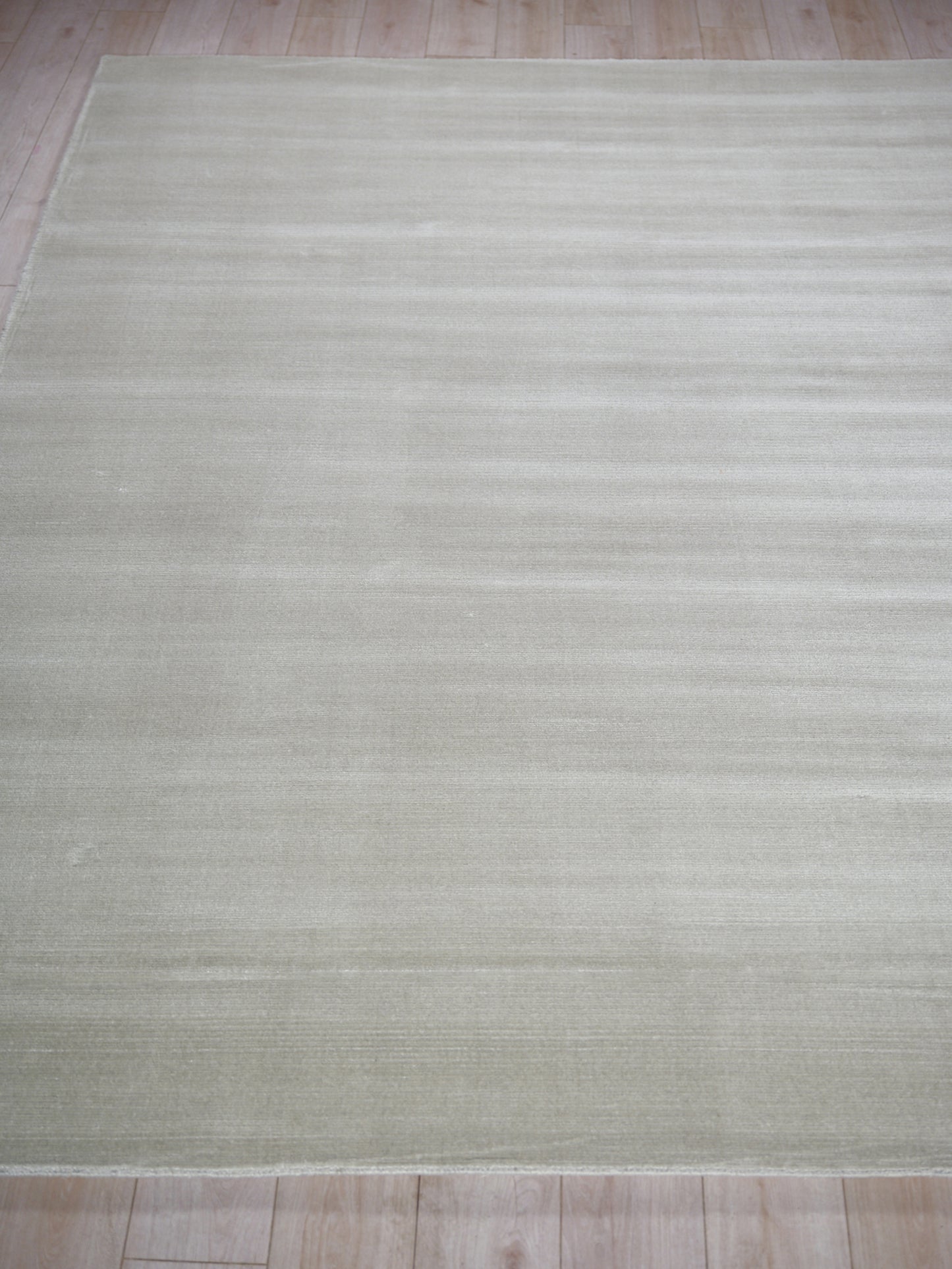 Beige flat-weave area rug with subtle horizontal stripes on light wooden floor.