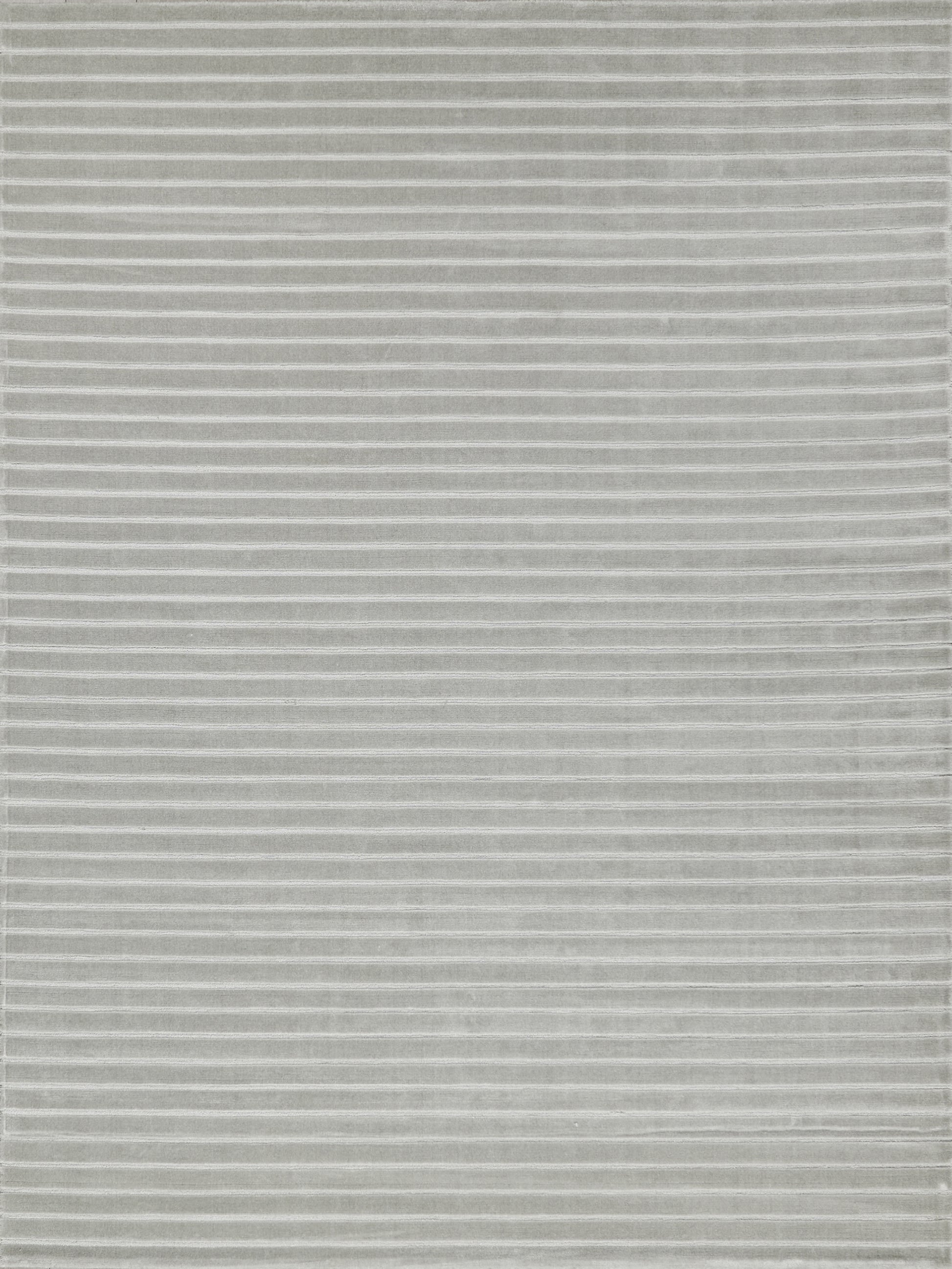 Gray rectangular rug with thin white horizontal stripes; soft plush textile for living room decor.