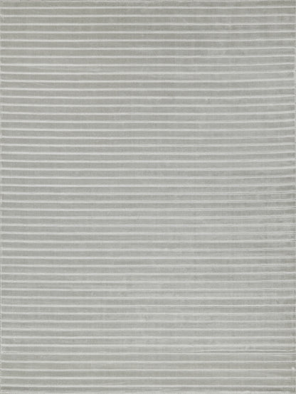 Gray rectangular rug with thin white horizontal stripes; soft plush textile for living room decor.
