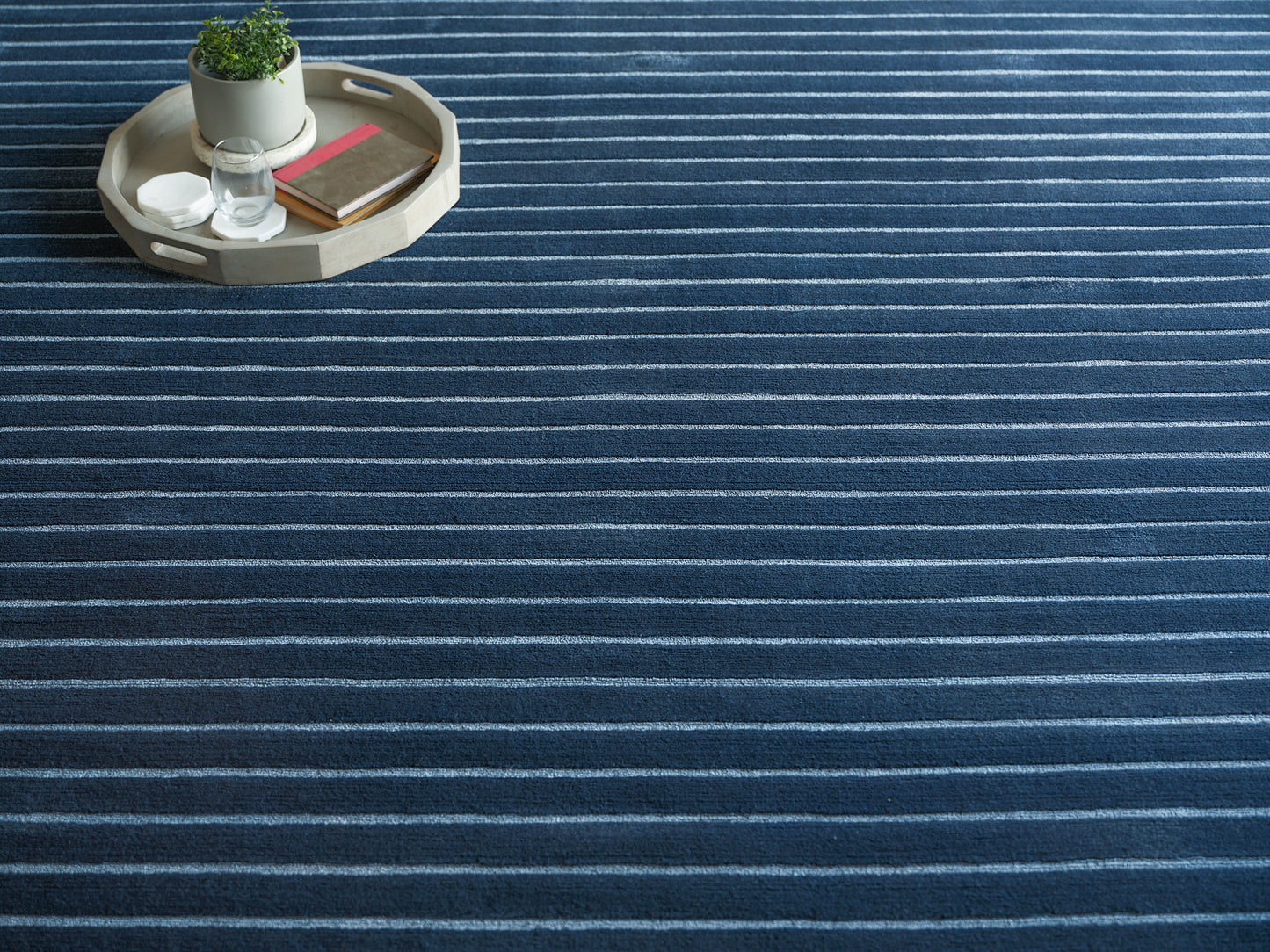 Blue striped rug with a beige round wooden tray holding a potted plant, a glass and books.