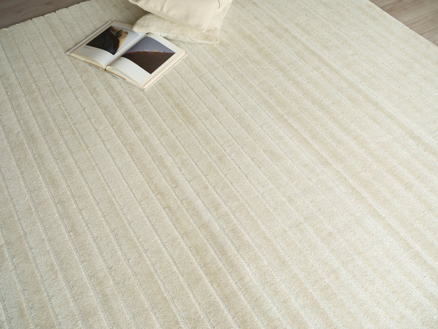Cream textured rug with parallel stripes; open magazine and a pale pillow at the corner.