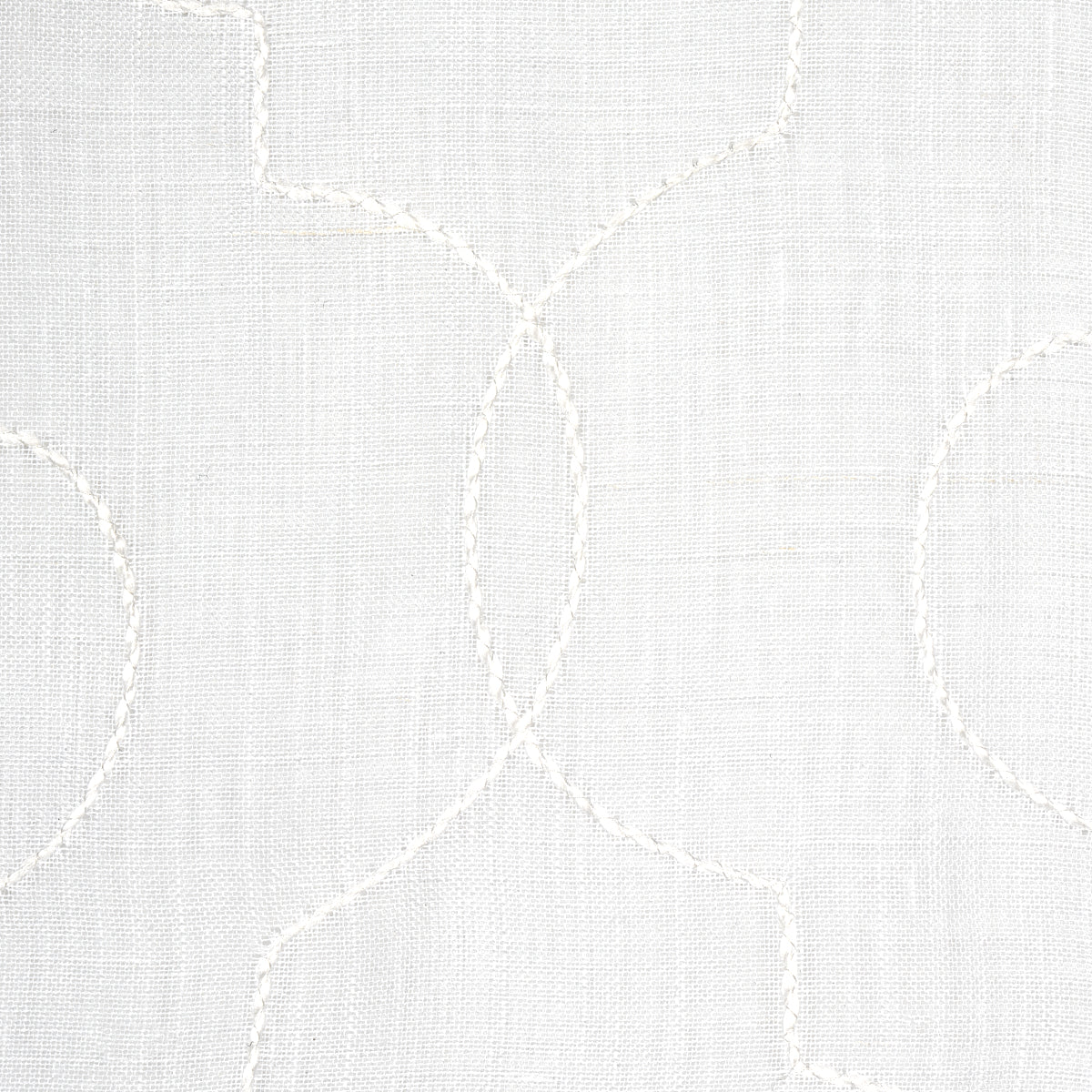 Off-white linen-textured fabric with delicate white stitched circular arc motifs.