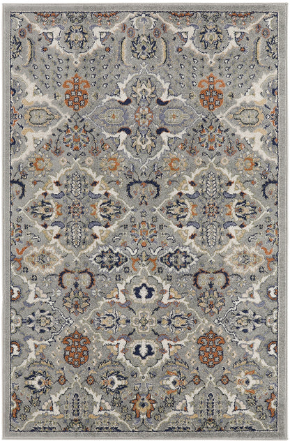 Rectangular gray-blue Bohemian-style rug with ivory, navy & rust floral damask pattern; bordered, machine-made plush pile.