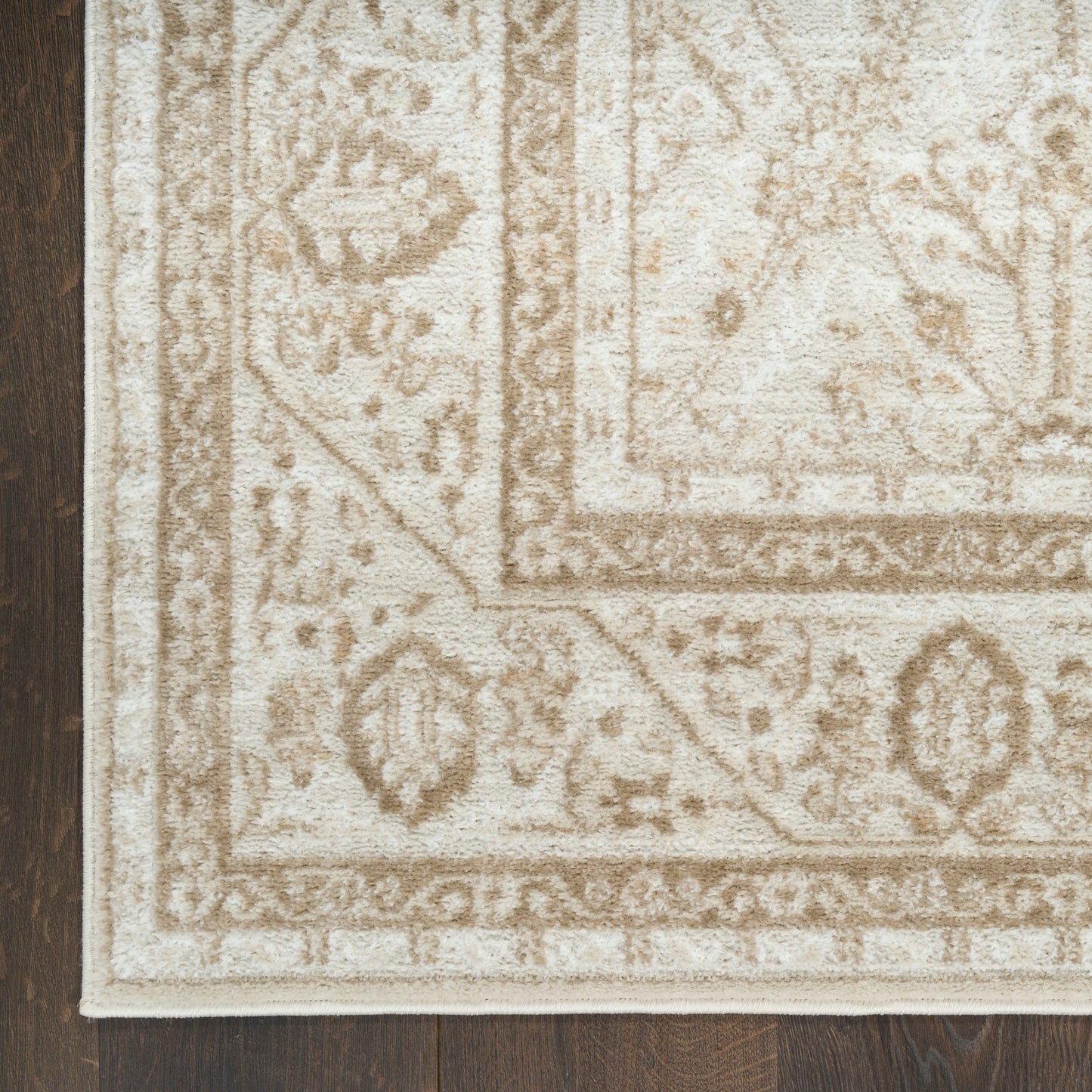 Cream-beige oriental rug with ornate floral border & medallion, textured pile on dark hardwood floor.