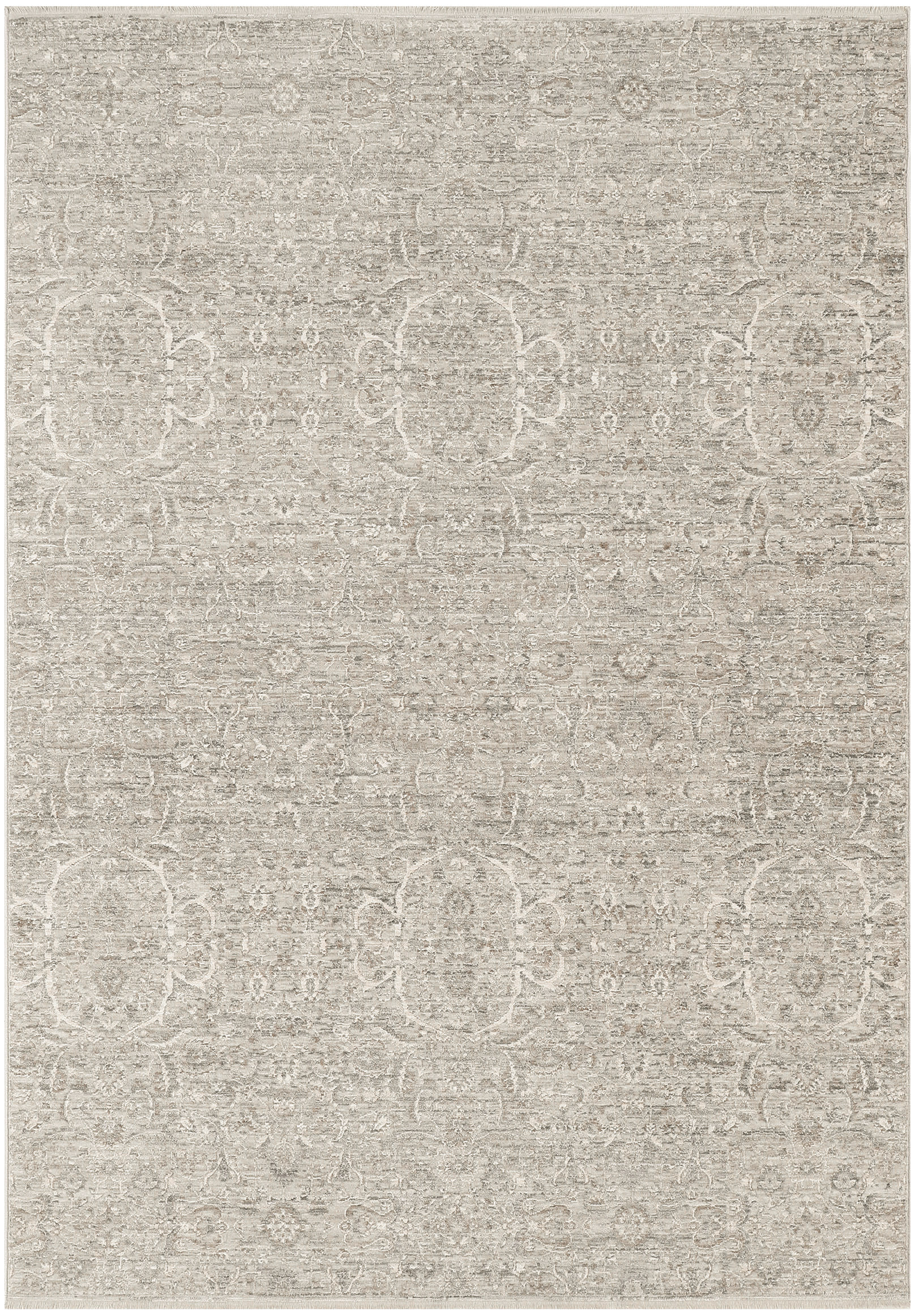 Soft beige distressed area rug with subtle vintage damask motifs and muted ivory tones.