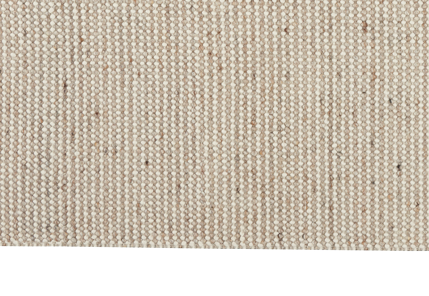 Beige woven rug with cream loop texture and subtle vertical stripes; neutral floor covering.