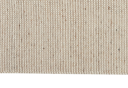 Beige woven rug with cream loop texture and subtle vertical stripes; neutral floor covering.