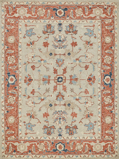 Persian-style area rug with cream field, red border, blue accents, and intricate floral medallion motifs.