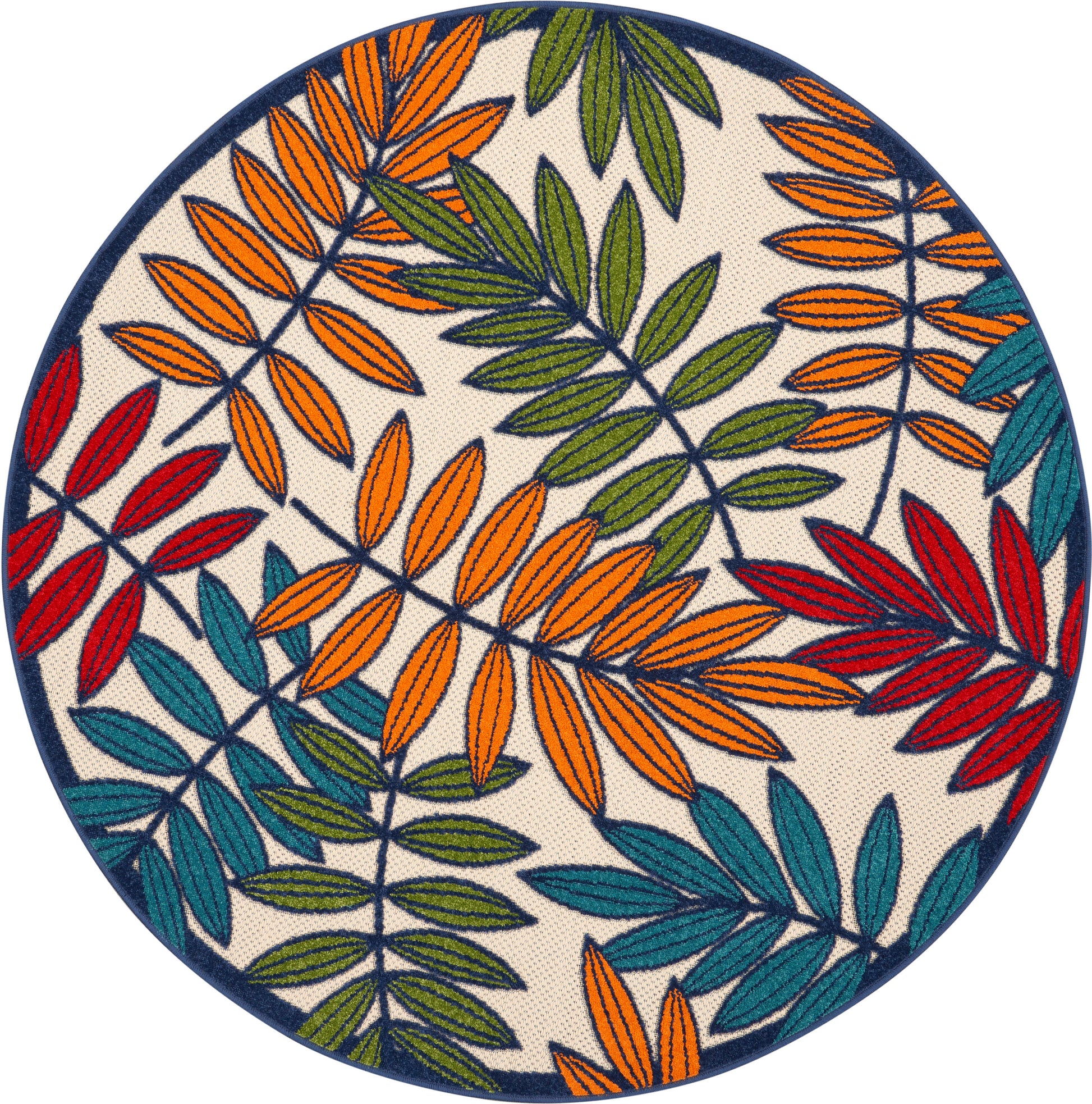 Round decorative rug with multicolored leaf pattern in orange, red, green & teal on beige with navy border.