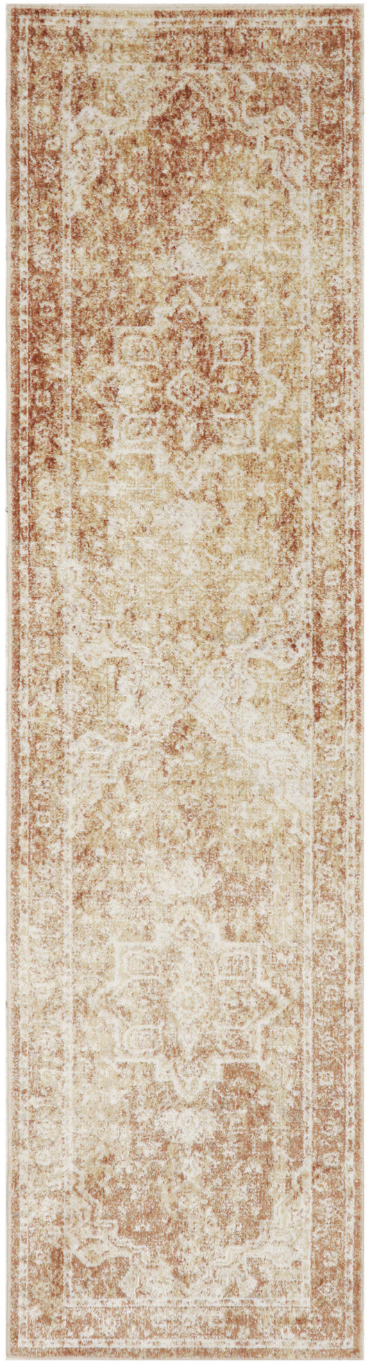 Cream-beige vintage-style runner rug with faded terracotta floral medallions & ornate border.