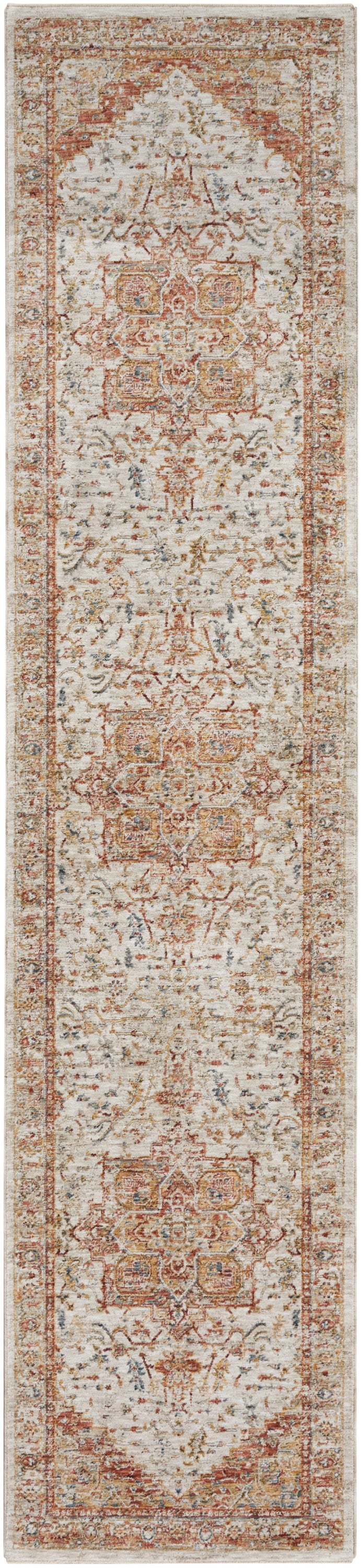 Distressed ivory Persian-style runner rug with red, gold and pale blue motifs and ornate border.