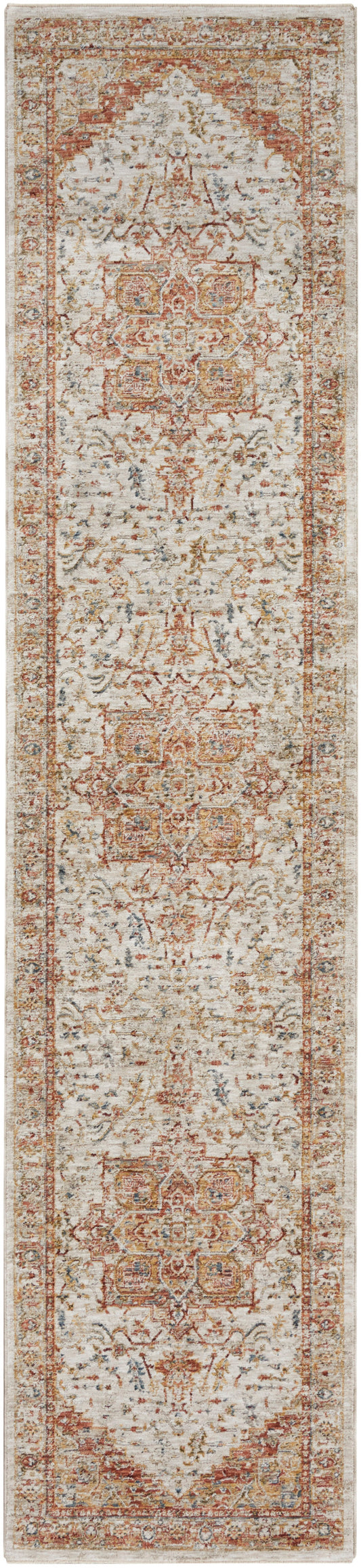 Distressed ivory Persian-style runner rug with red, gold and pale blue motifs and ornate border.