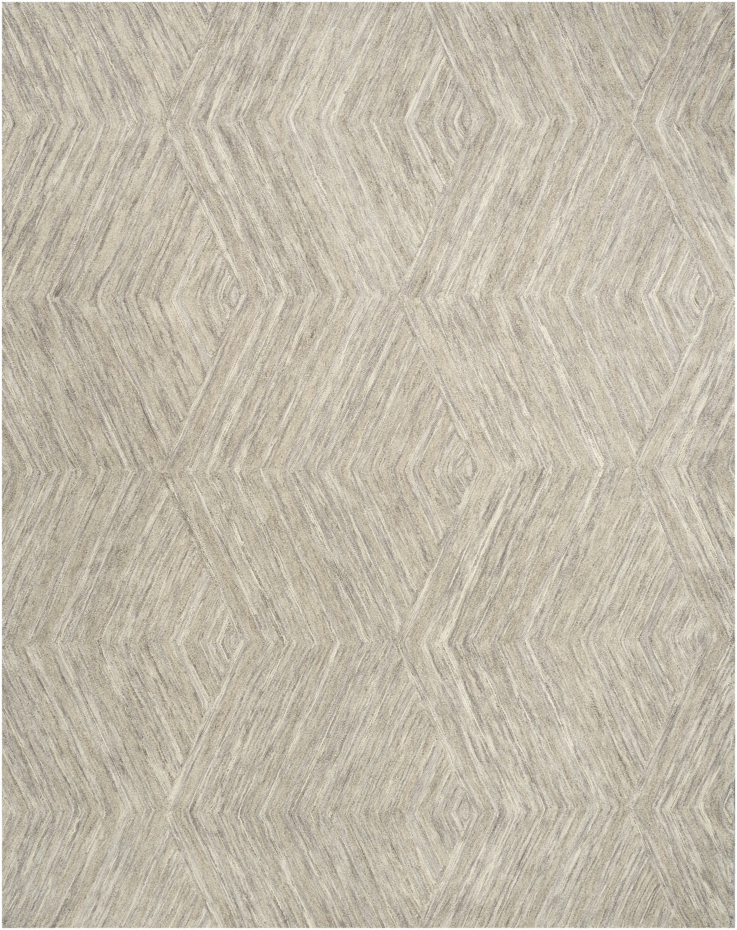 Beige textured rug with a repeating diamond pattern and chevron-lined motif in gray tones.