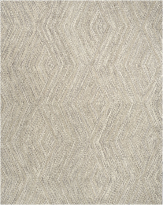 Beige textured rug with a repeating diamond pattern and chevron-lined motif in gray tones.