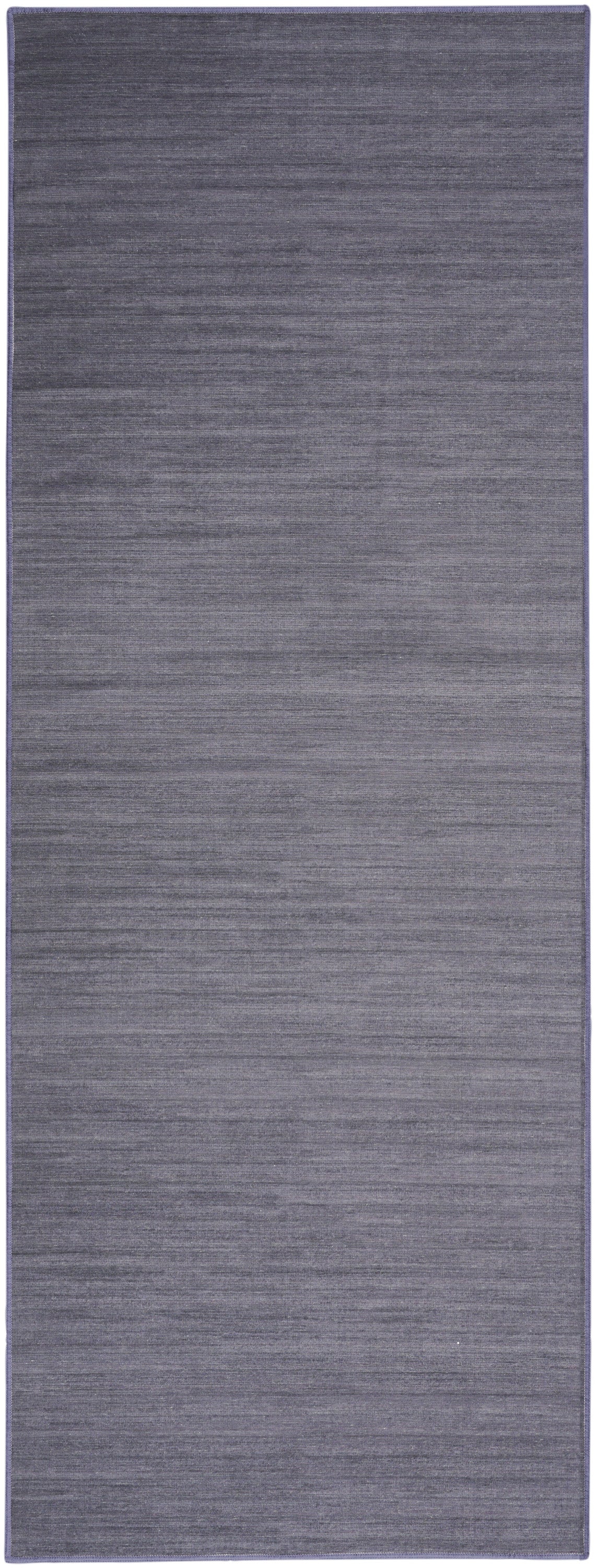 Grey textured rug runner with woven fabric, subtle horizontal striations, rectangular floor mat for hallway or living room.