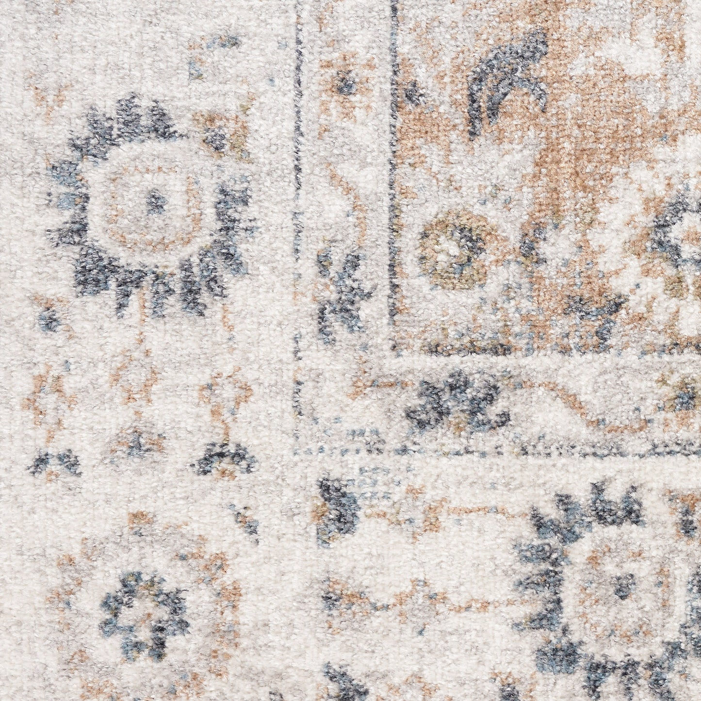 Distressed beige runner rug with muted blue floral medallions and vintage geometric borders.