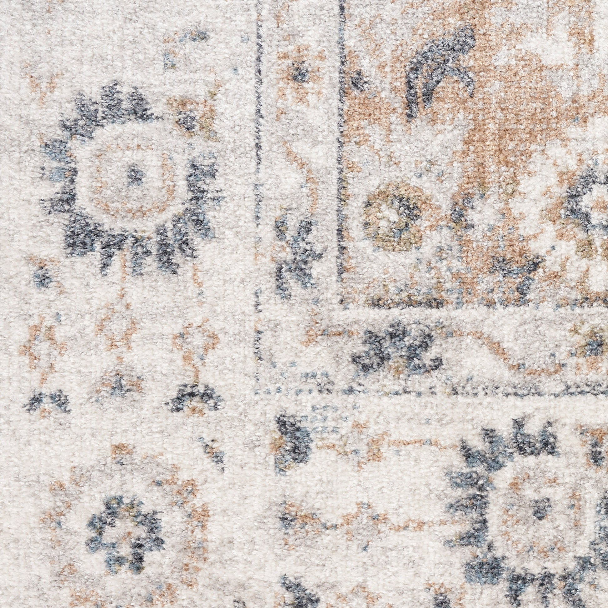 Distressed beige runner rug with muted blue floral medallions and vintage geometric borders.