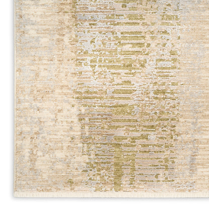 Rectangular beige and sage modern woven area rug with abstract striped pattern and fringe edges.